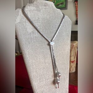 Vintage Monet Silver Lariat Necklace with Beaded Drop Accents